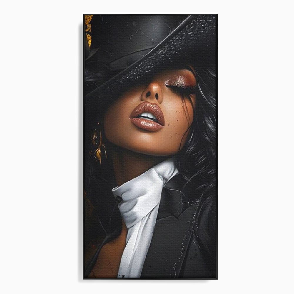 Tablou canvas cu tablou canvas cu femeie in joben si frac, in rama de aluminiu negru